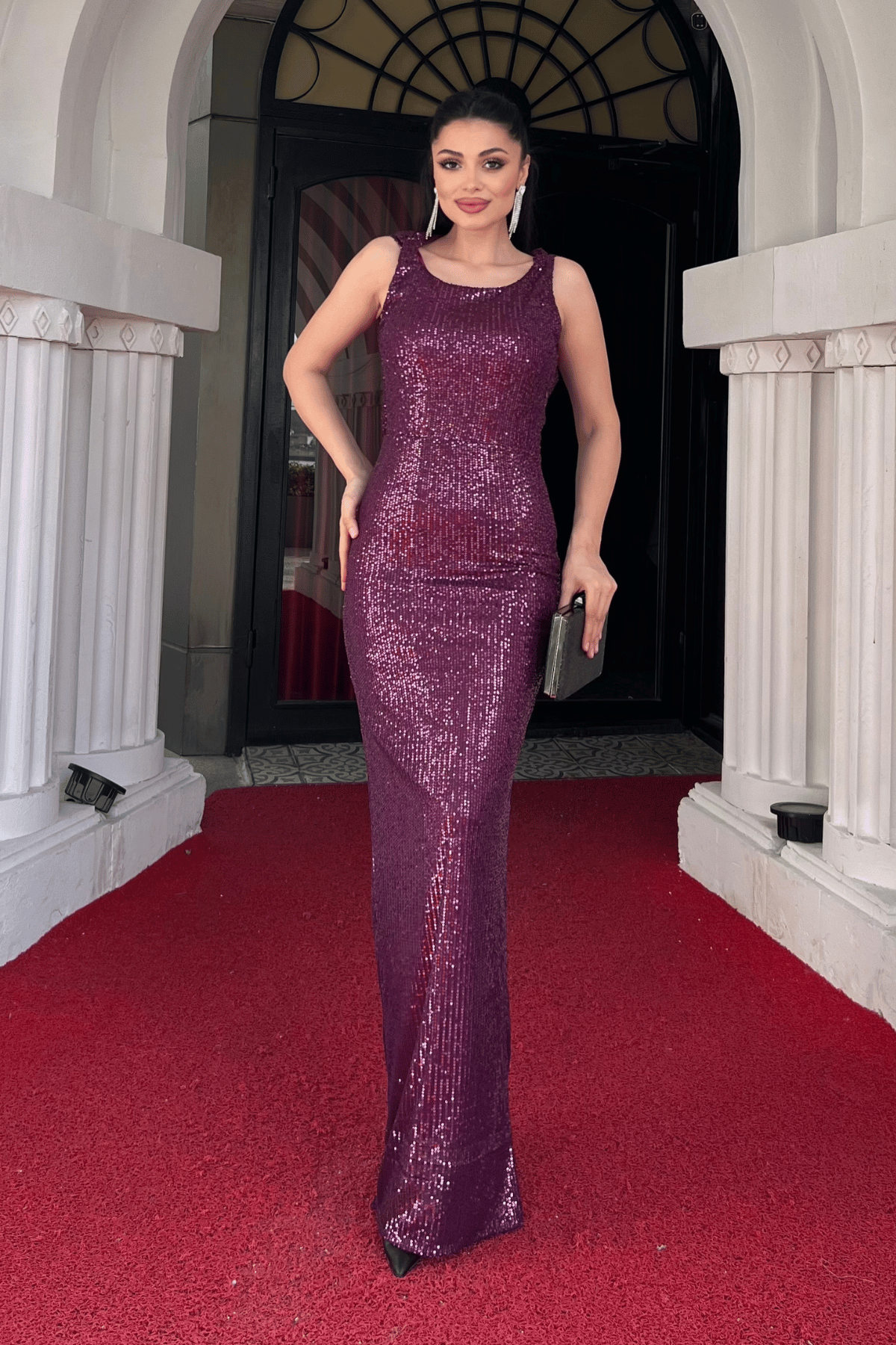 Pul Payet Sırt Degaje Yaka Abiye Elbise - MOR