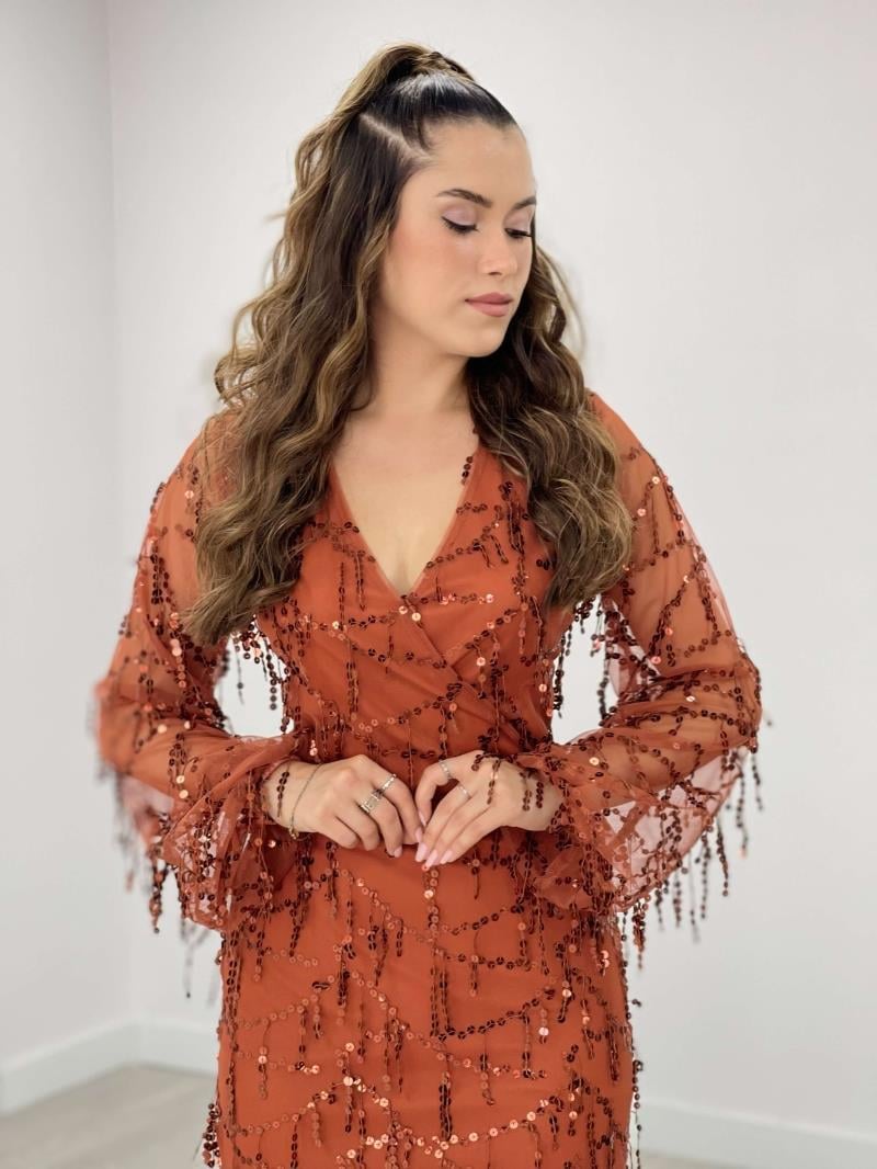 Sequin Fringed Design Dress Red