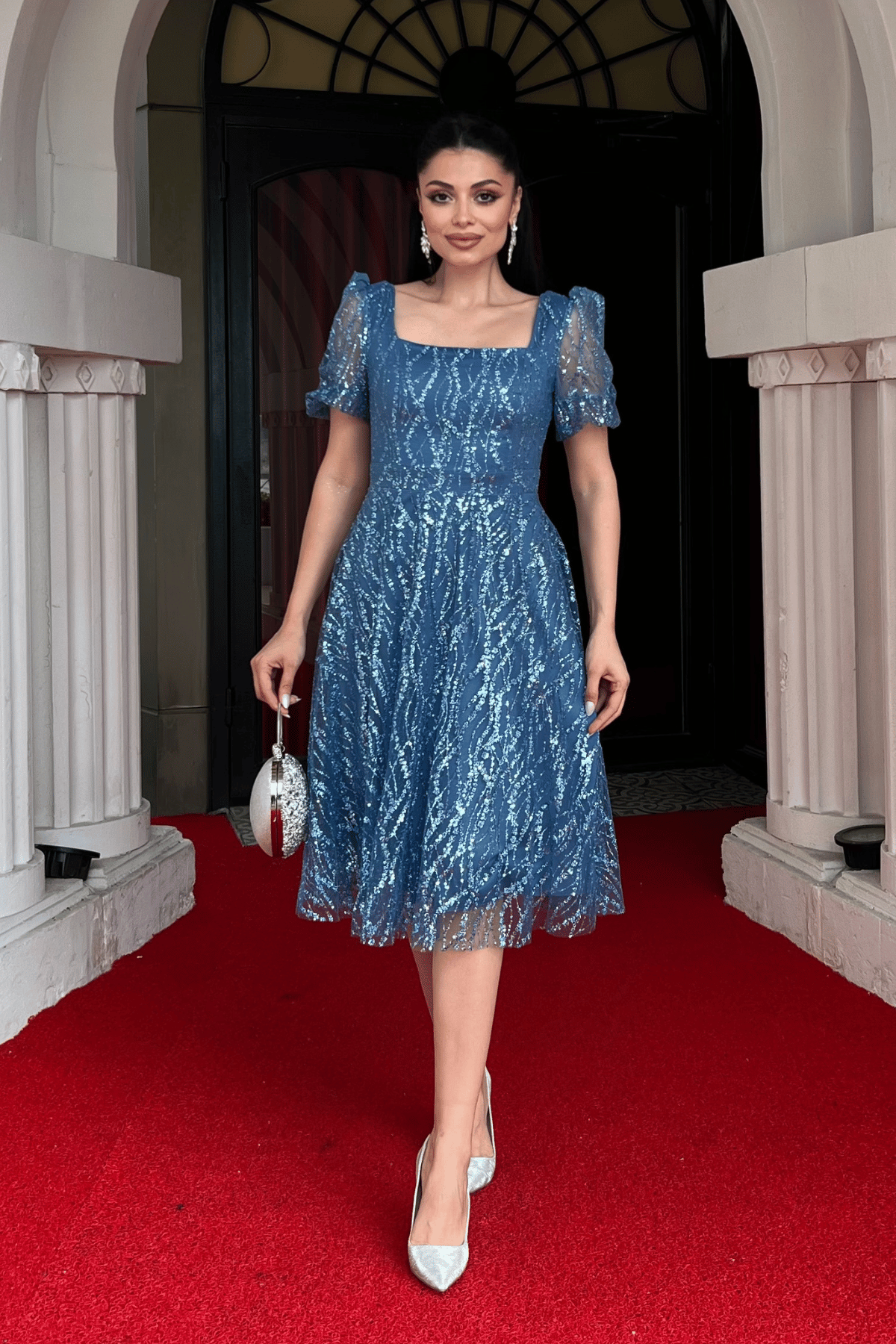 Pullu Simli Kumaş Kare Yaka Mini Elbise - İNDİGO MAVİ