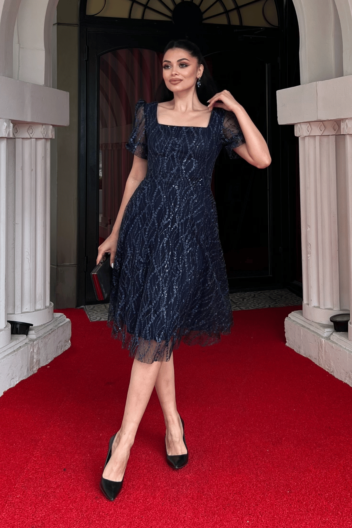 Pullu Simli Kumaş Kare Yaka Mini Elbise - LACİVERT