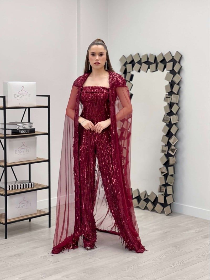 Saçaklı Payet Kumaş Pelerin Detaylı Tulum - BORDO