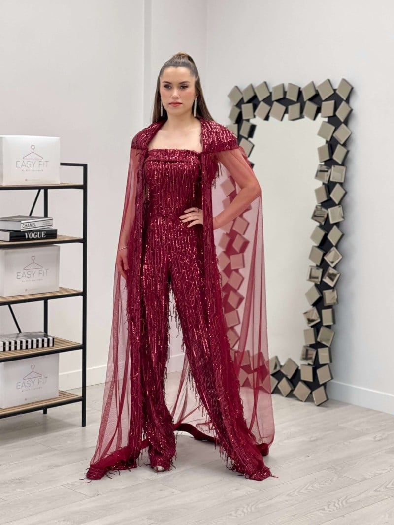 Saçaklı Payet Kumaş Pelerin Detaylı Tulum - BORDO