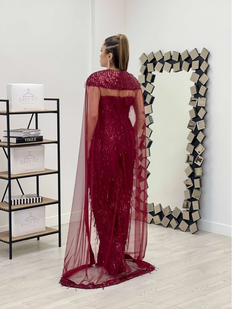 Saçaklı Payet Kumaş Pelerin Detaylı Tulum - BORDO