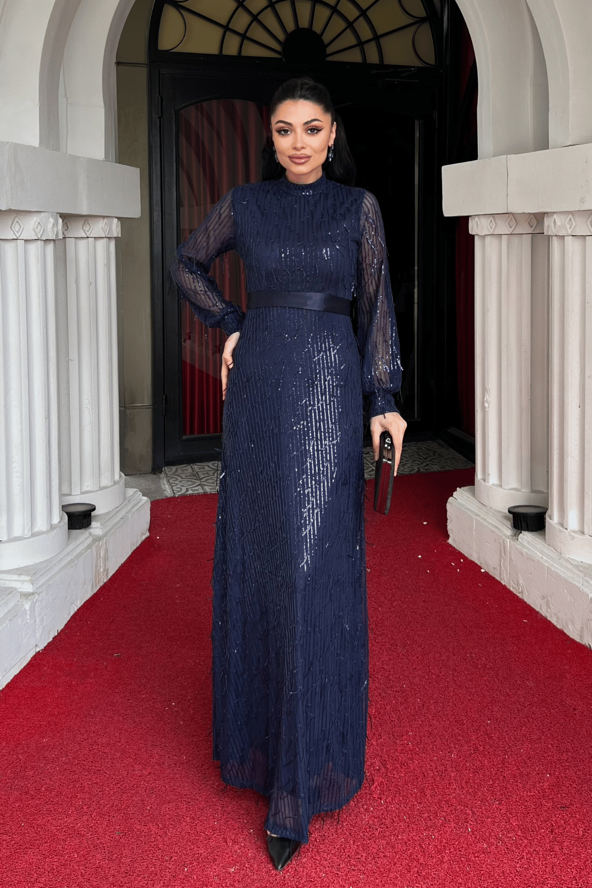 Saçaklı Pul Payet Kumaş Uzun Abiye - LACİVERT