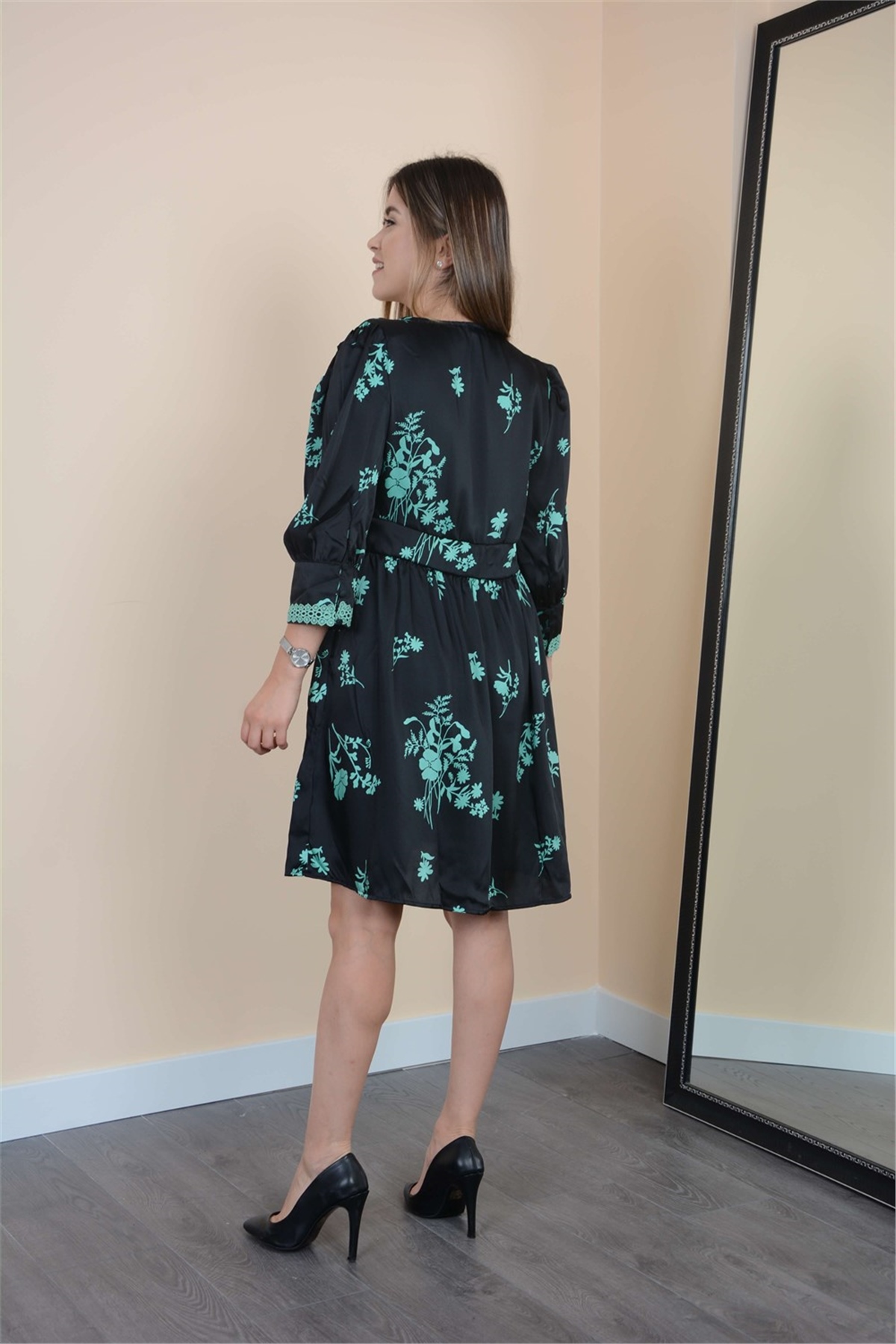 Saten Çiçekli Elbise - Yeşil