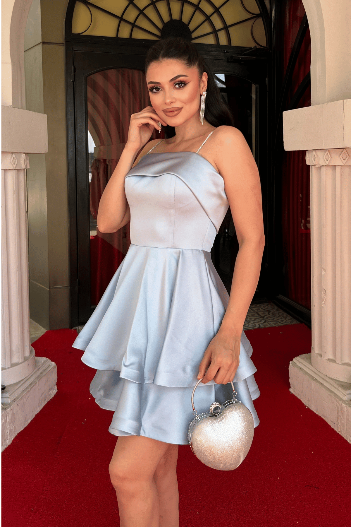 Saten Kumaş Askılı Mini Elbise - BEBE MAVİSİ