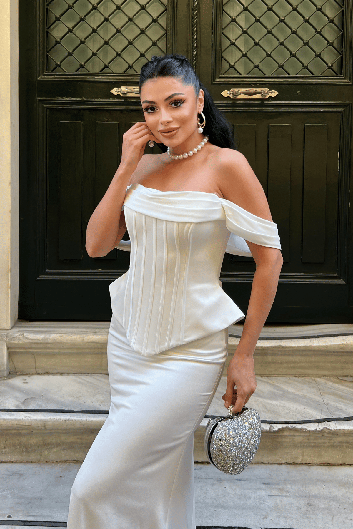 Saten Kumaş Balen Detaylı Abiye Elbise - BEYAZ