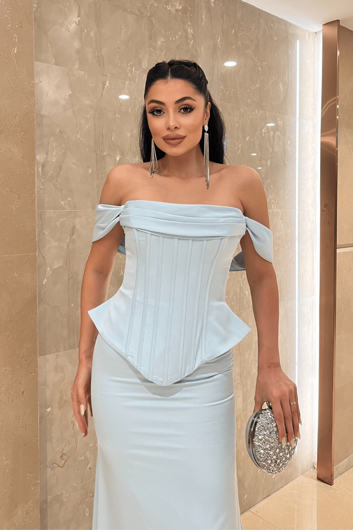 Saten Kumaş Balen Detaylı Abiye Elbise - BEBE MAVİSİ