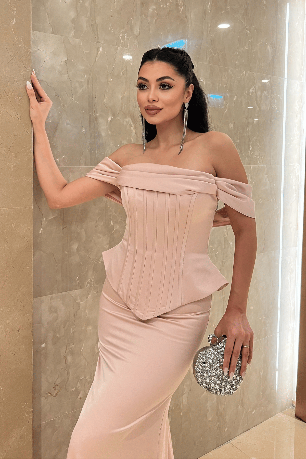 Saten Kumaş Balen Detaylı Abiye Elbise - PUDRA