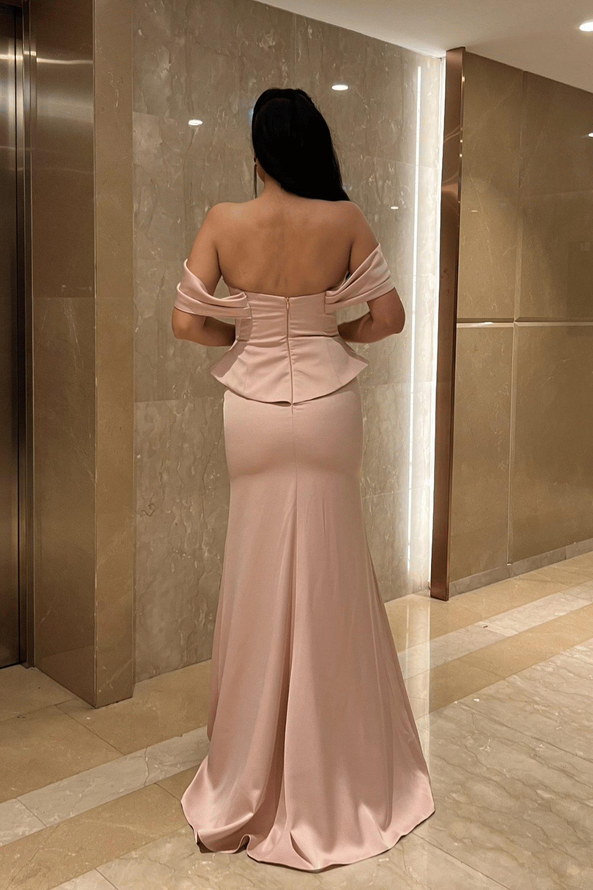 Saten Kumaş Balen Detaylı Abiye Elbise - PUDRA