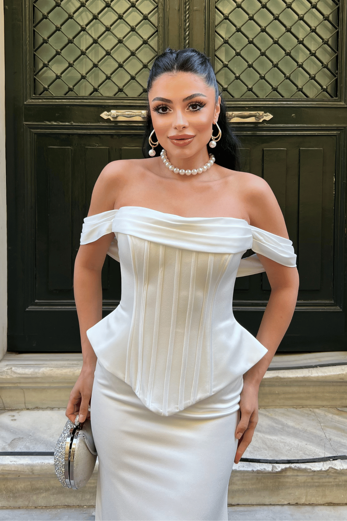 Saten Kumaş Balen Detaylı Abiye Elbise - BEYAZ