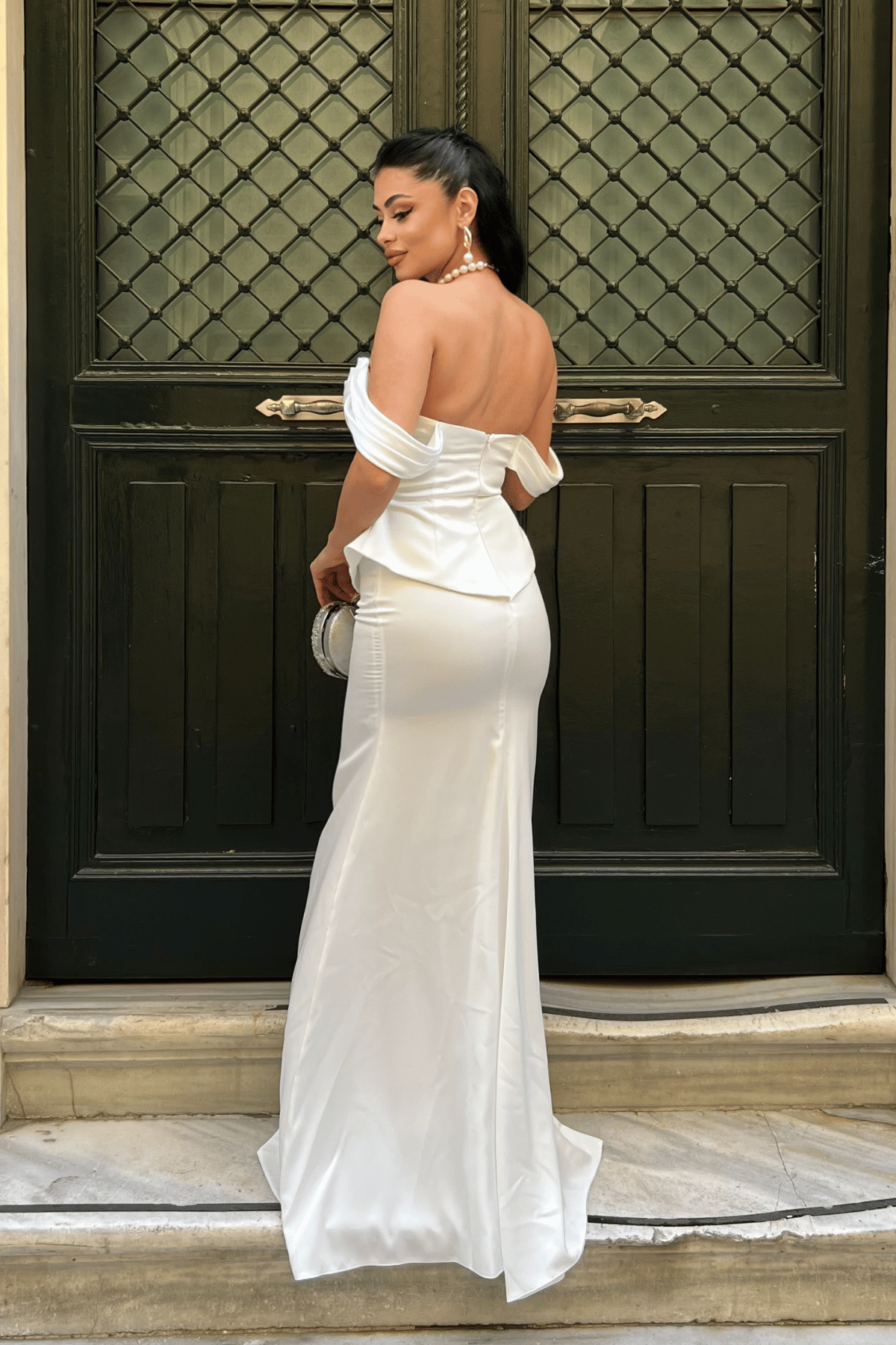 Saten Kumaş Balen Detaylı Abiye Elbise - BEYAZ