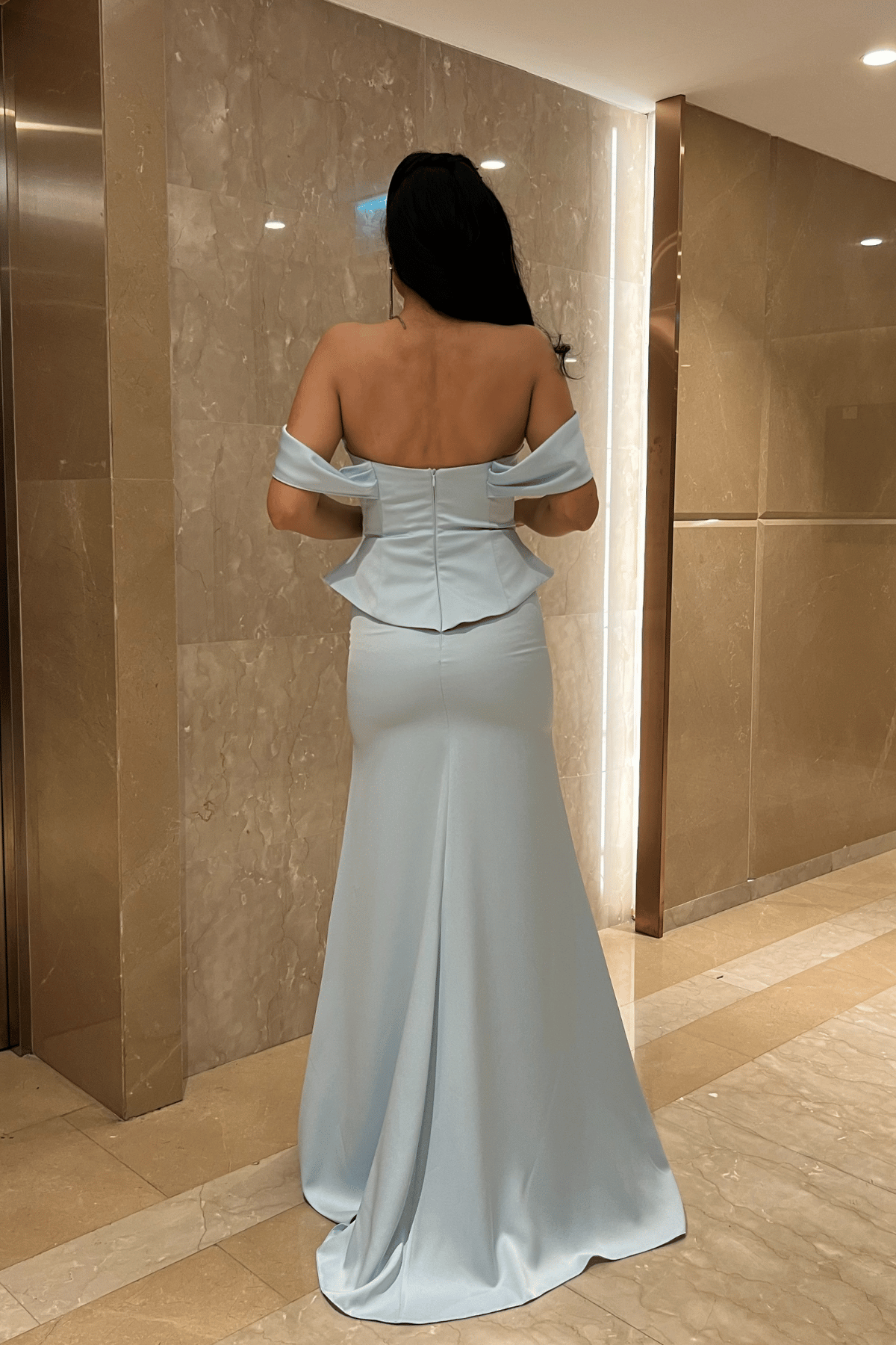 Saten Kumaş Balen Detaylı Abiye Elbise - BEBE MAVİSİ