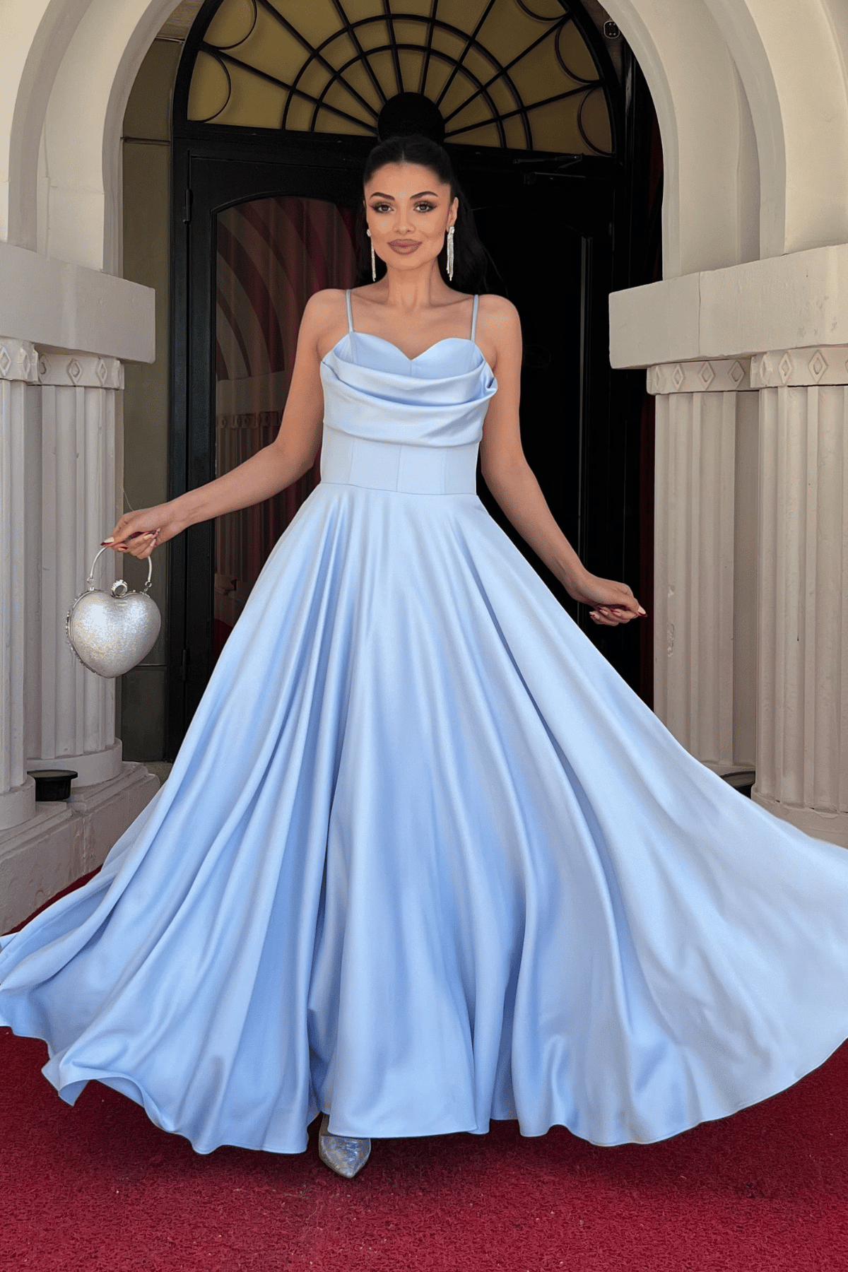 Saten Kumaş Balen Detaylı Degaje Yaka Elbise - BEBE MAVİSİ