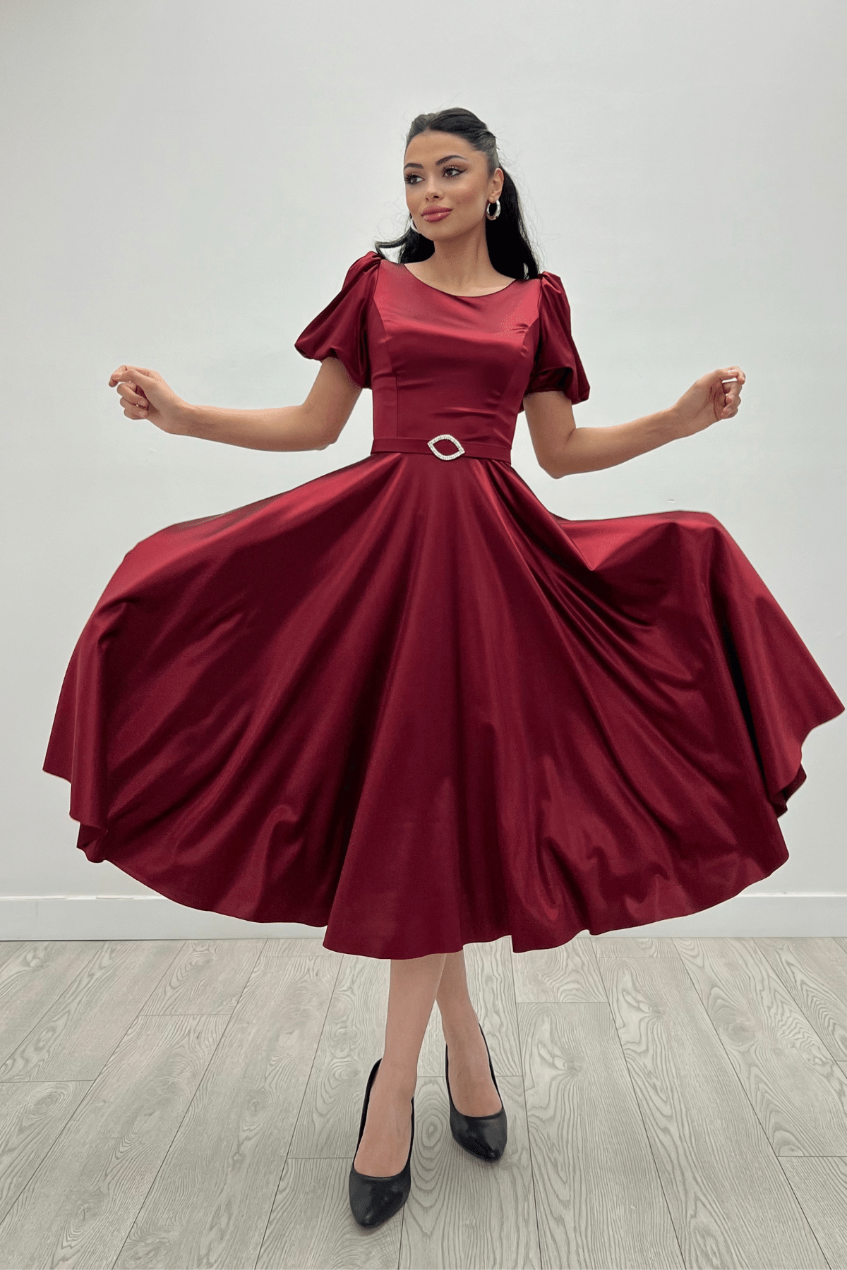 Saten Kumaş Balon Kol Midi Elbise - BORDO