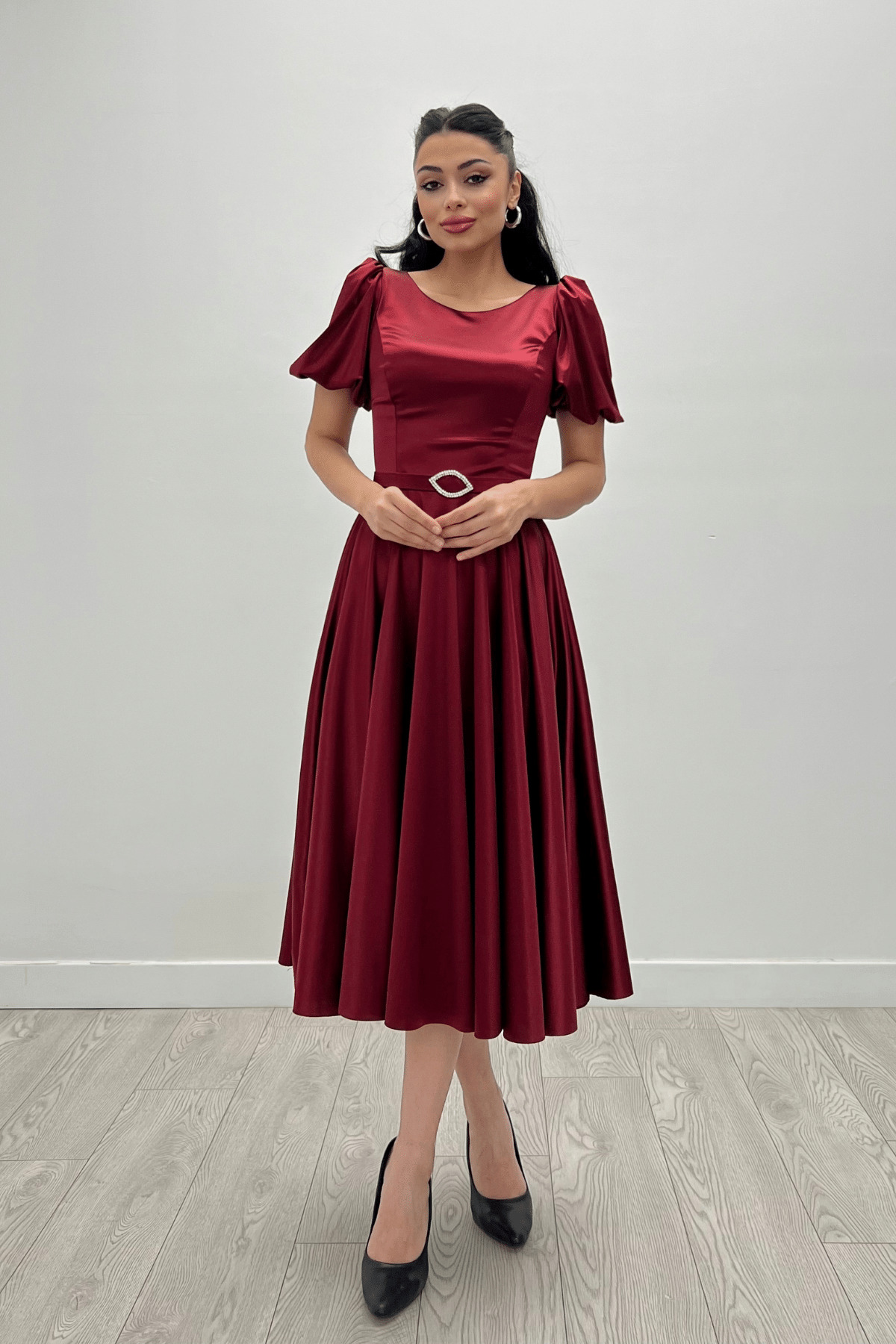 Saten Kumaş Balon Kol Midi Elbise - BORDO