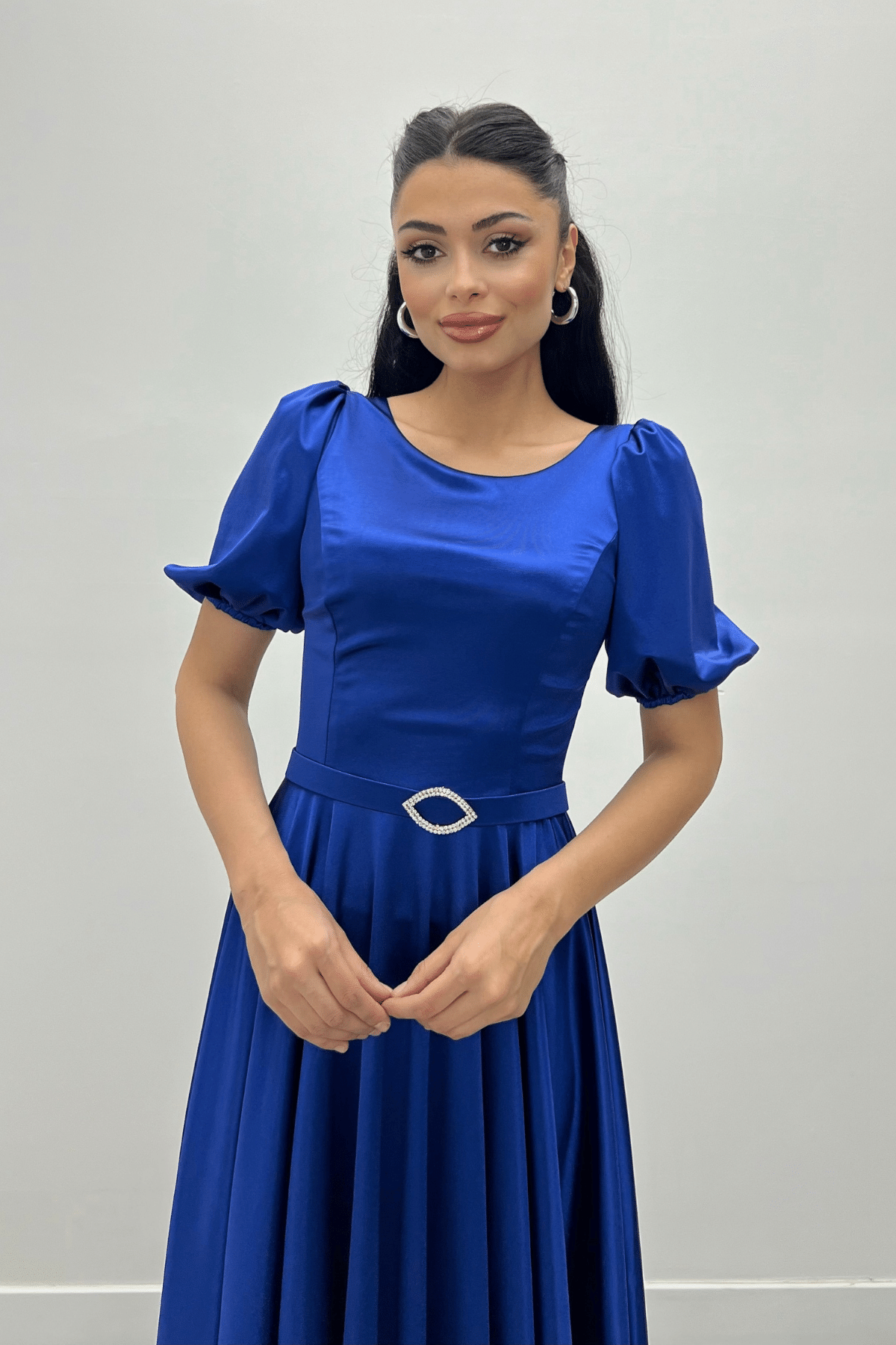 Saten Kumaş Balon Kol Midi Elbise - SAKS MAVİ