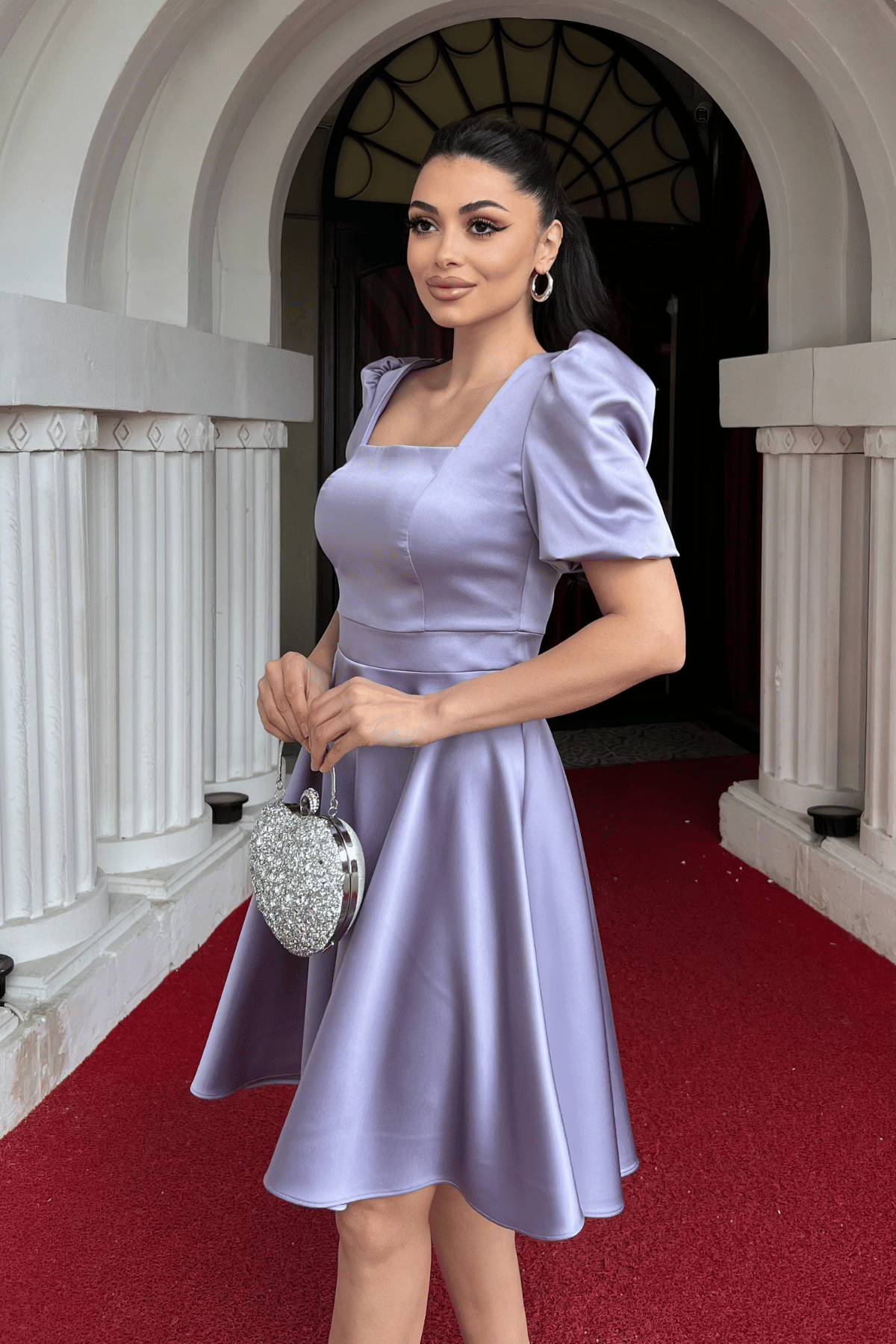 Saten Kumaş Balon Kol Mini Elbise - LİLA