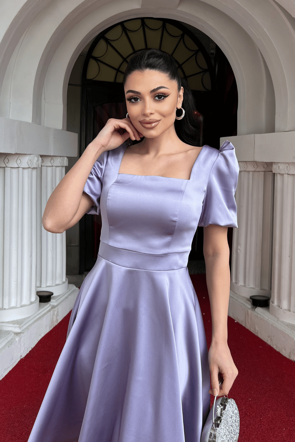 Saten Kumaş Balon Kol Mini Elbise - LİLA