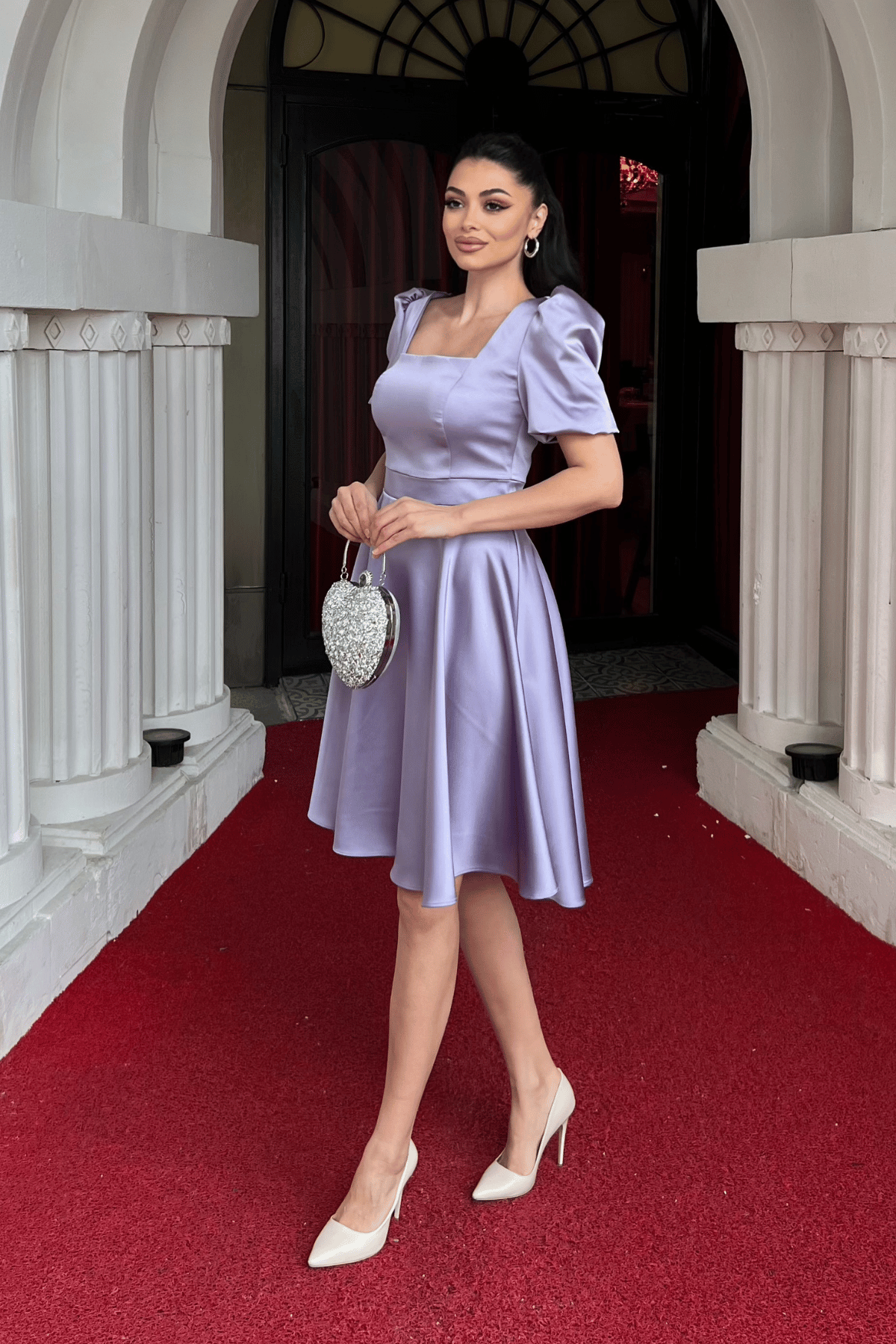 Saten Kumaş Balon Kol Mini Elbise - LİLA