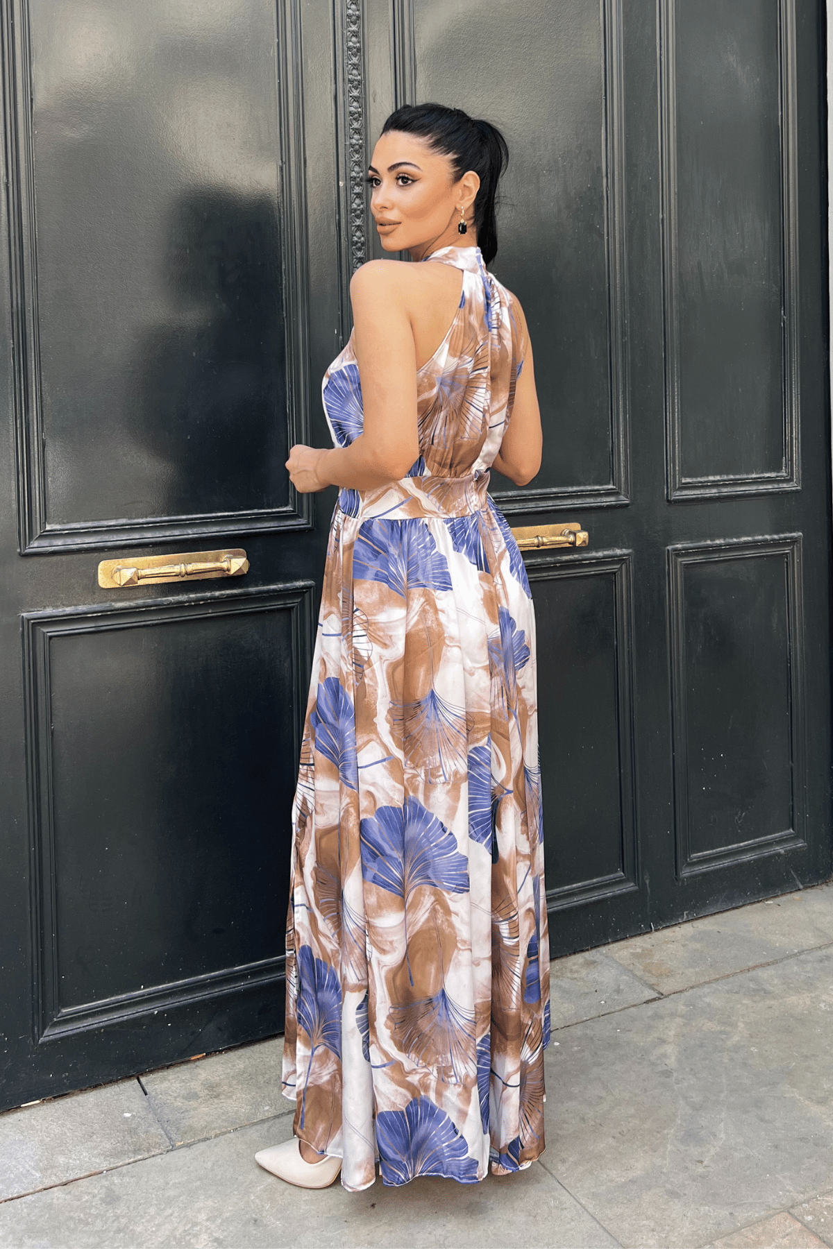 Saten Kumas Boyundan Bağlamalı Elbise  - MAVİ