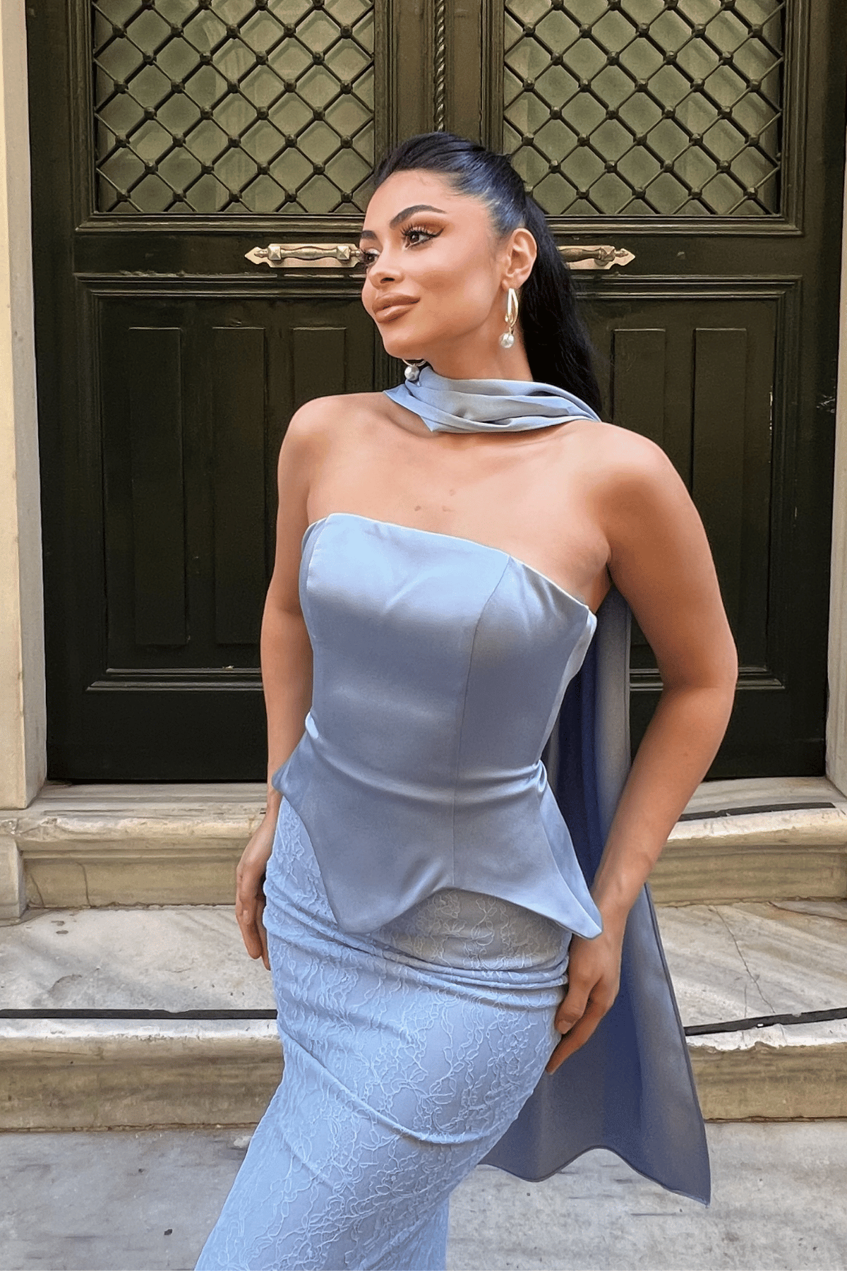 Saten Kumaş Dantel Detaylı Abiye Elbise - BEBE MAVİSİ