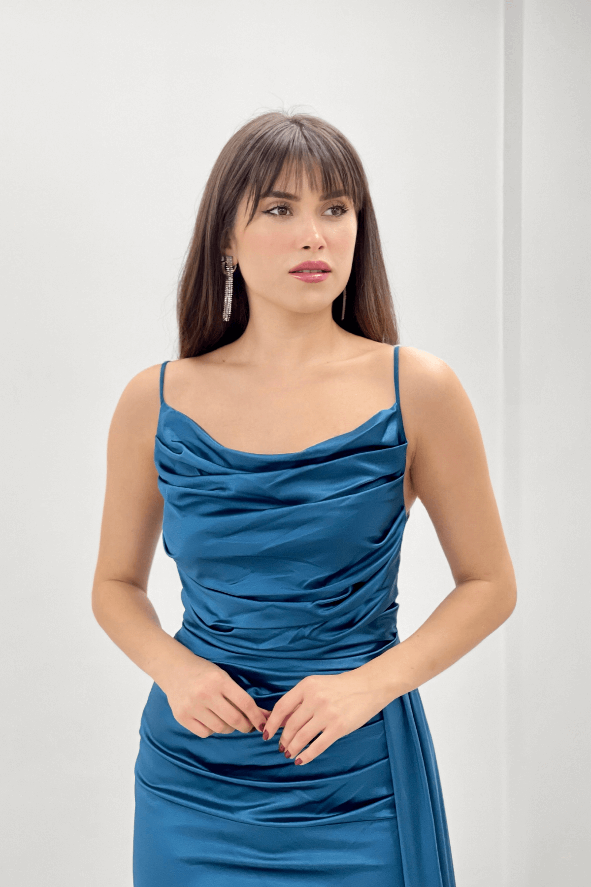 Saten Kumaş Degaje Yaka Abiye Balık Elbise - TURKUAZ