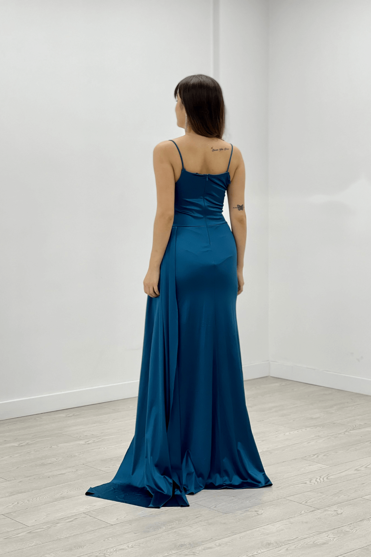 Saten Kumaş Degaje Yaka Abiye Balık Elbise - TURKUAZ