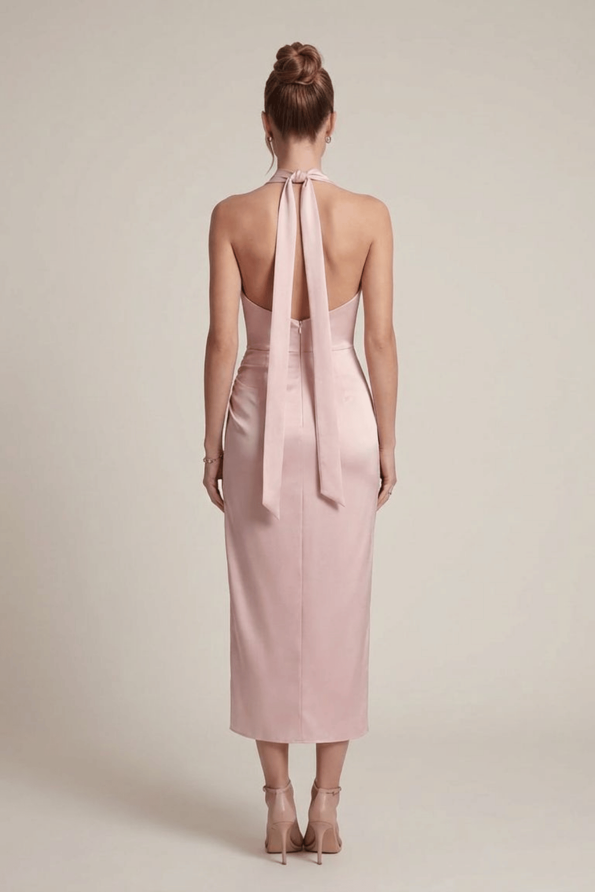 Saten Kumaş Degaje Yaka Elbise - PUDRA