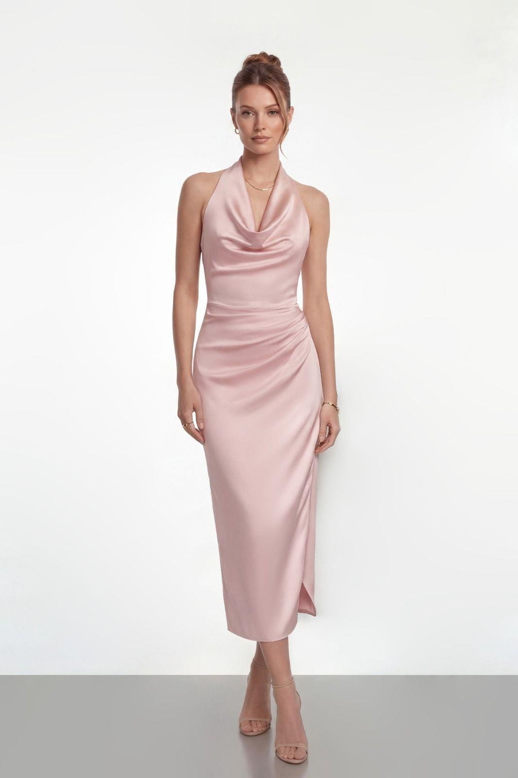 Saten Kumaş Degaje Yaka Elbise - PUDRA