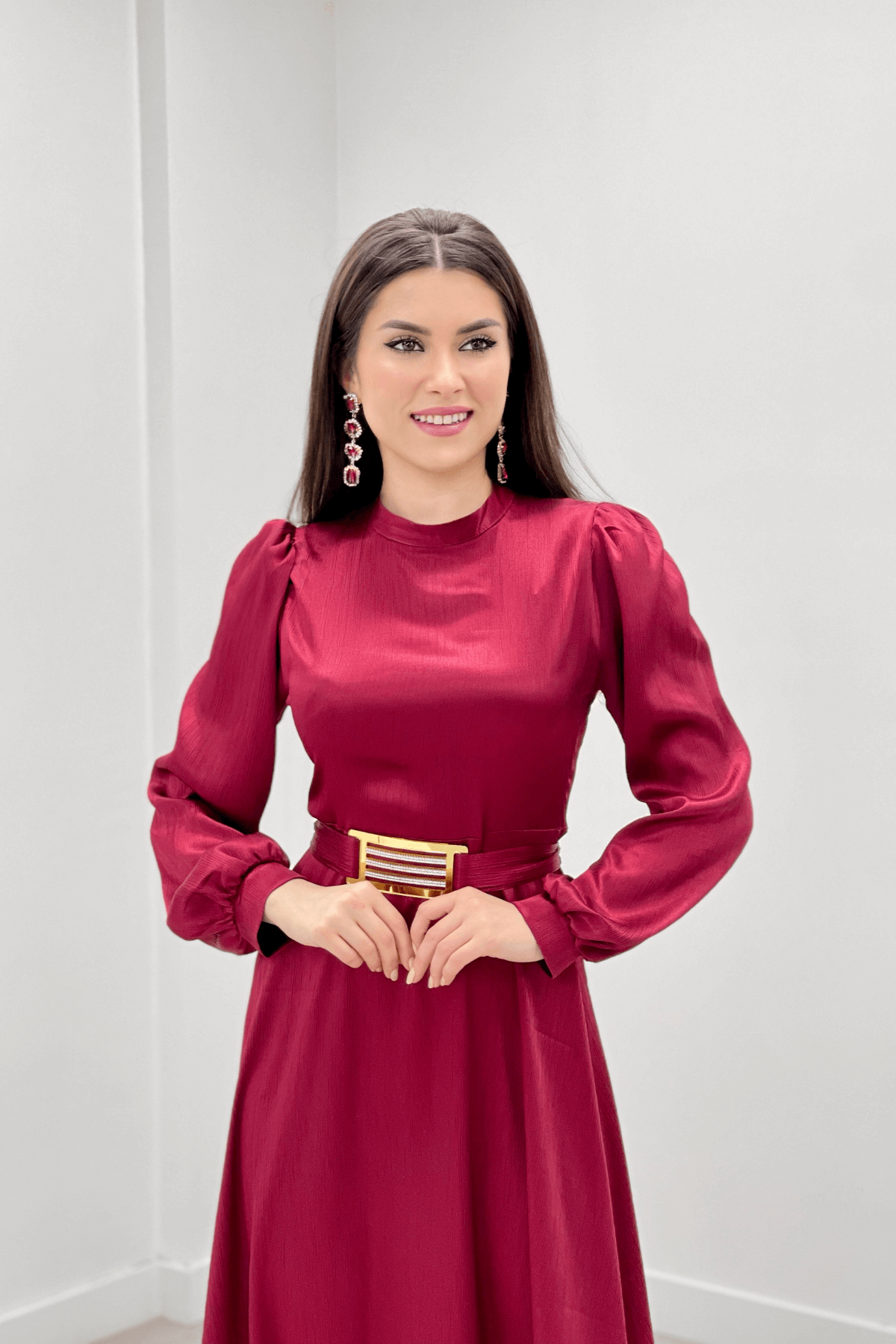 Saten Kumaş Kemer Detaylı Abiye Elbise - BORDO