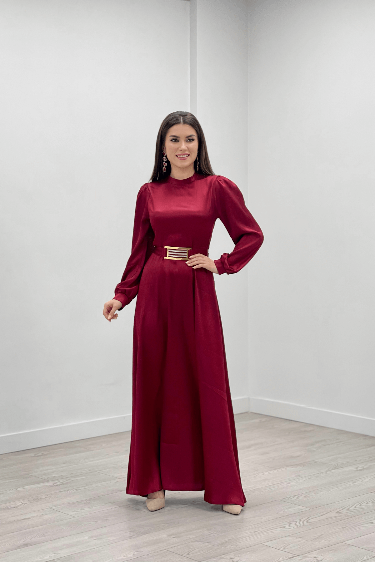 Saten Kumaş Kemer Detaylı Abiye Elbise - BORDO