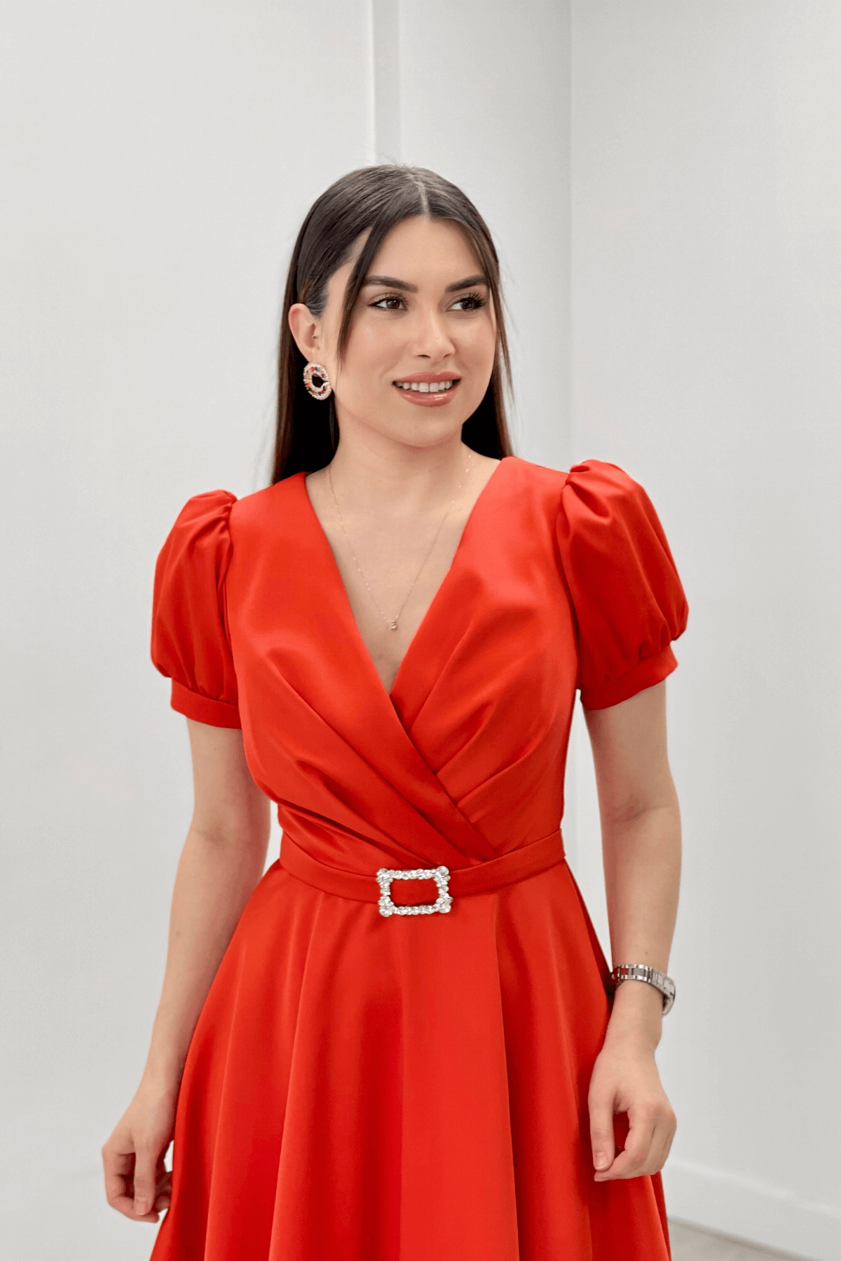 Saten Kumaş Kemer Detaylı Midi Abiye Elbise - TURUNCU