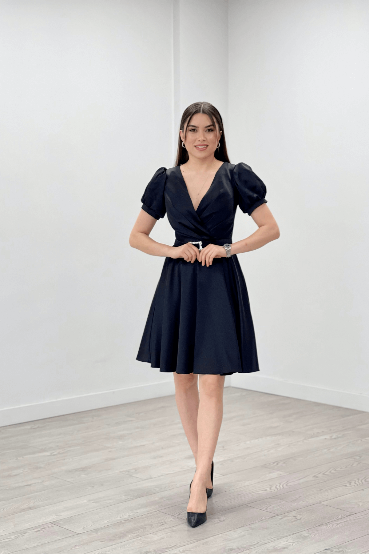 Saten Kumaş Kemer Detaylı Midi Abiye Elbise - SİYAH