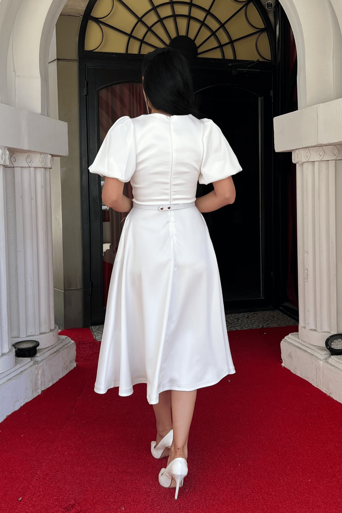 Satin Fabric Belt Detailed Midi Dress - White