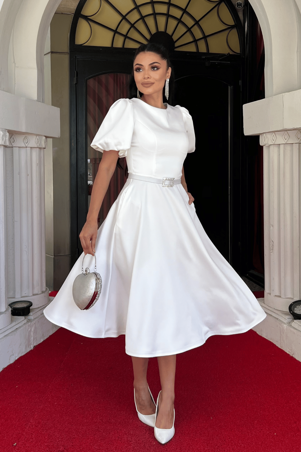 Satin Fabric Belt Detailed Midi Dress - White