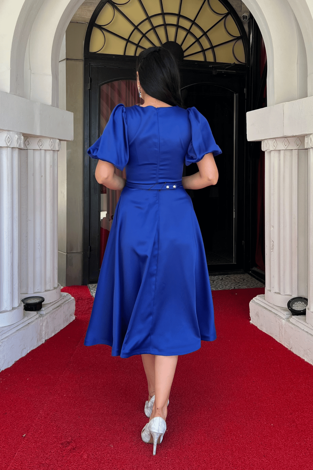 Saten Kumaş Kemer Detaylı Midi Elbise - SAKS MAVİ