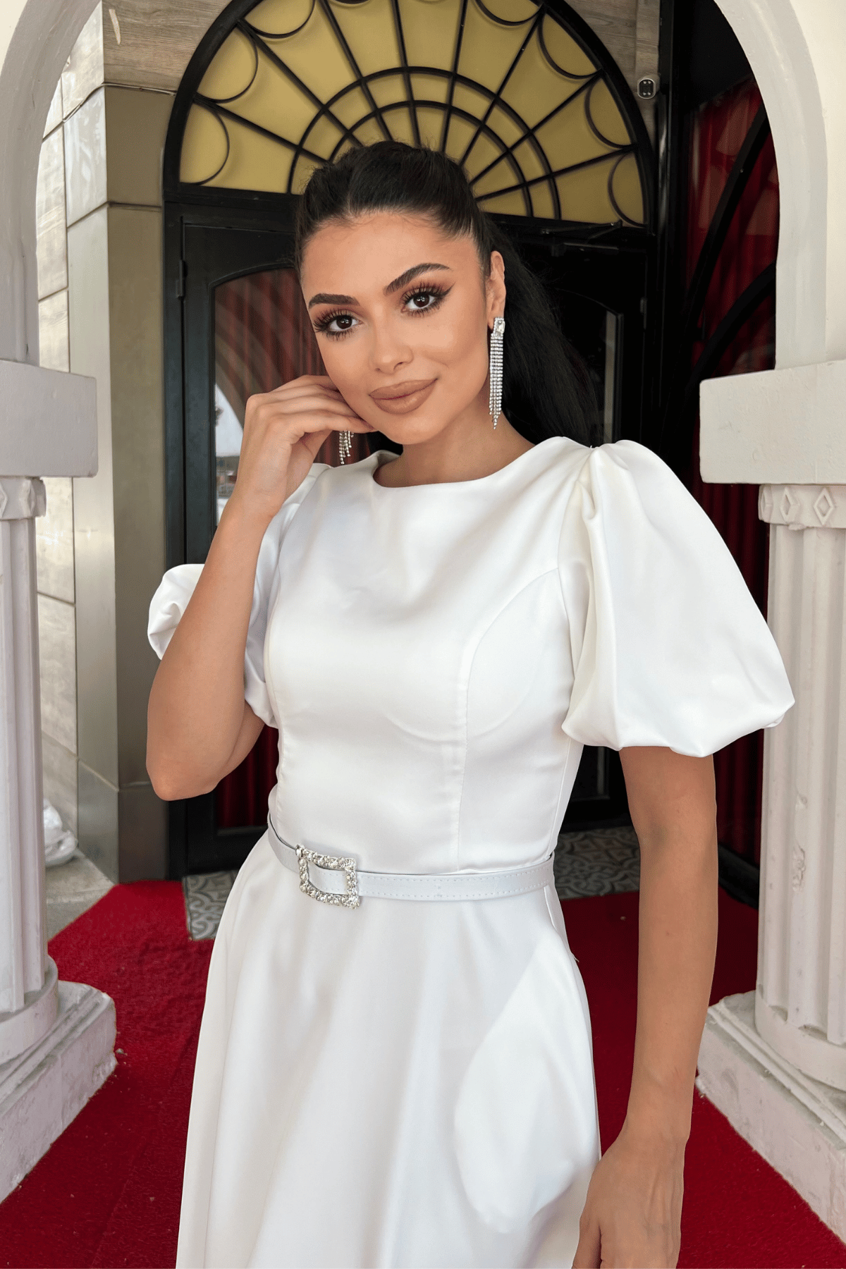 Satin Fabric Belt Detailed Midi Dress - White