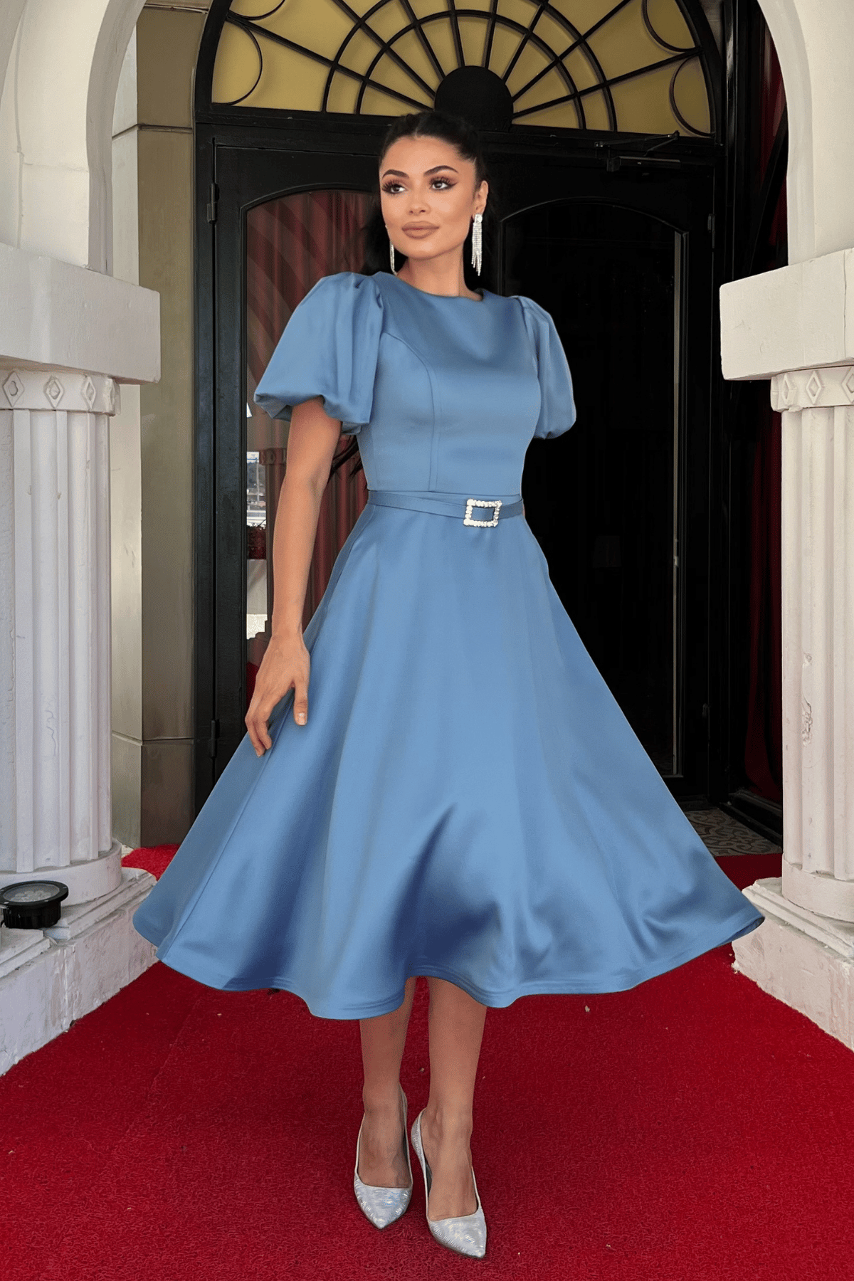 Saten Kumaş Kemer Detaylı Midi Elbise - İNDİGO MAVİ