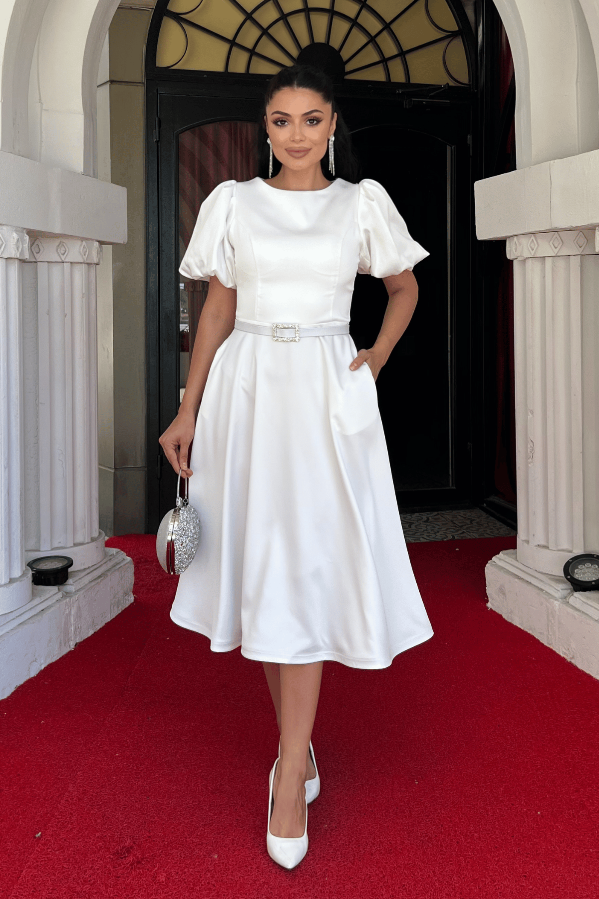 Satin Fabric Belt Detailed Midi Dress - White