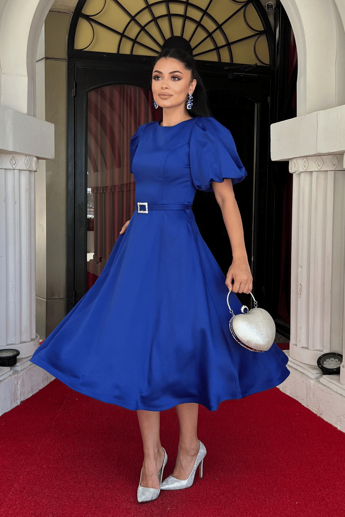 Saten Kumaş Kemer Detaylı Midi Elbise - SAKS MAVİ