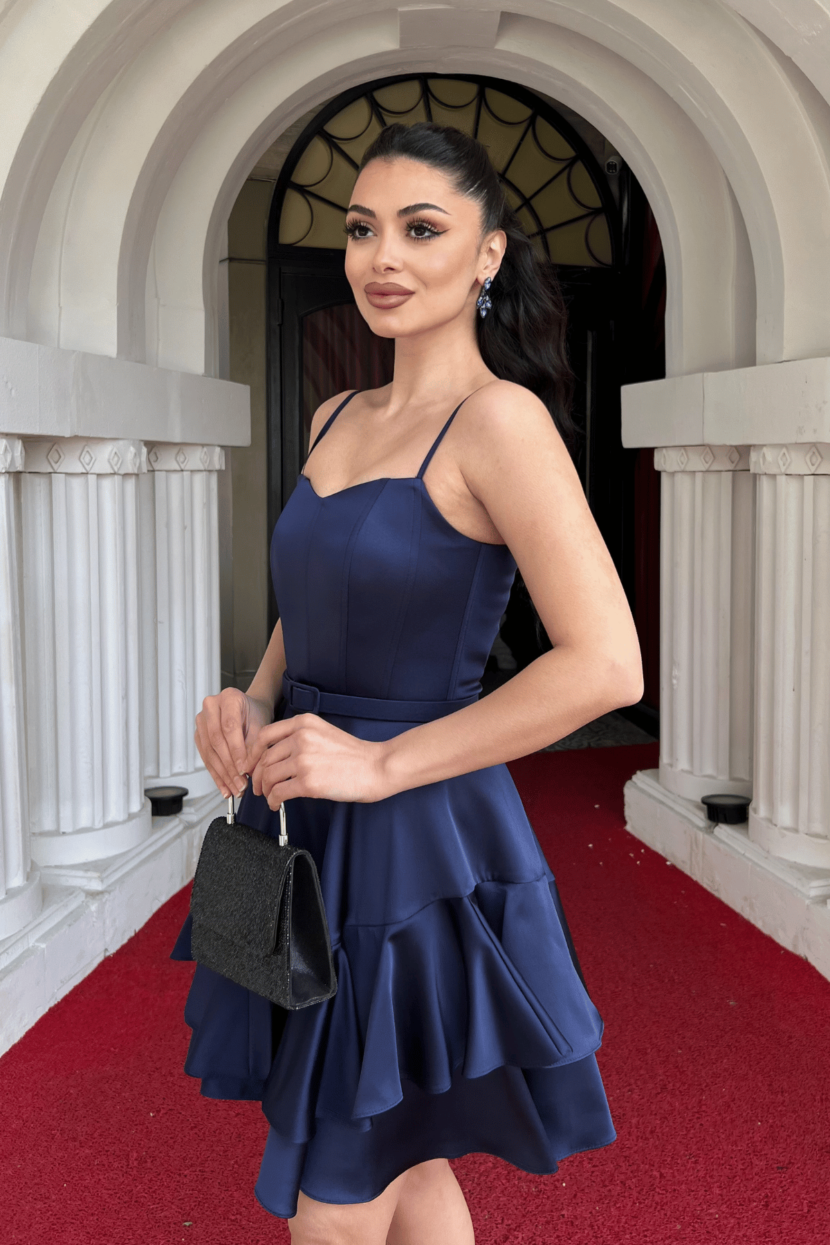 Saten Kumaş Korse Detaylı Mini Elbise - LACİVERT