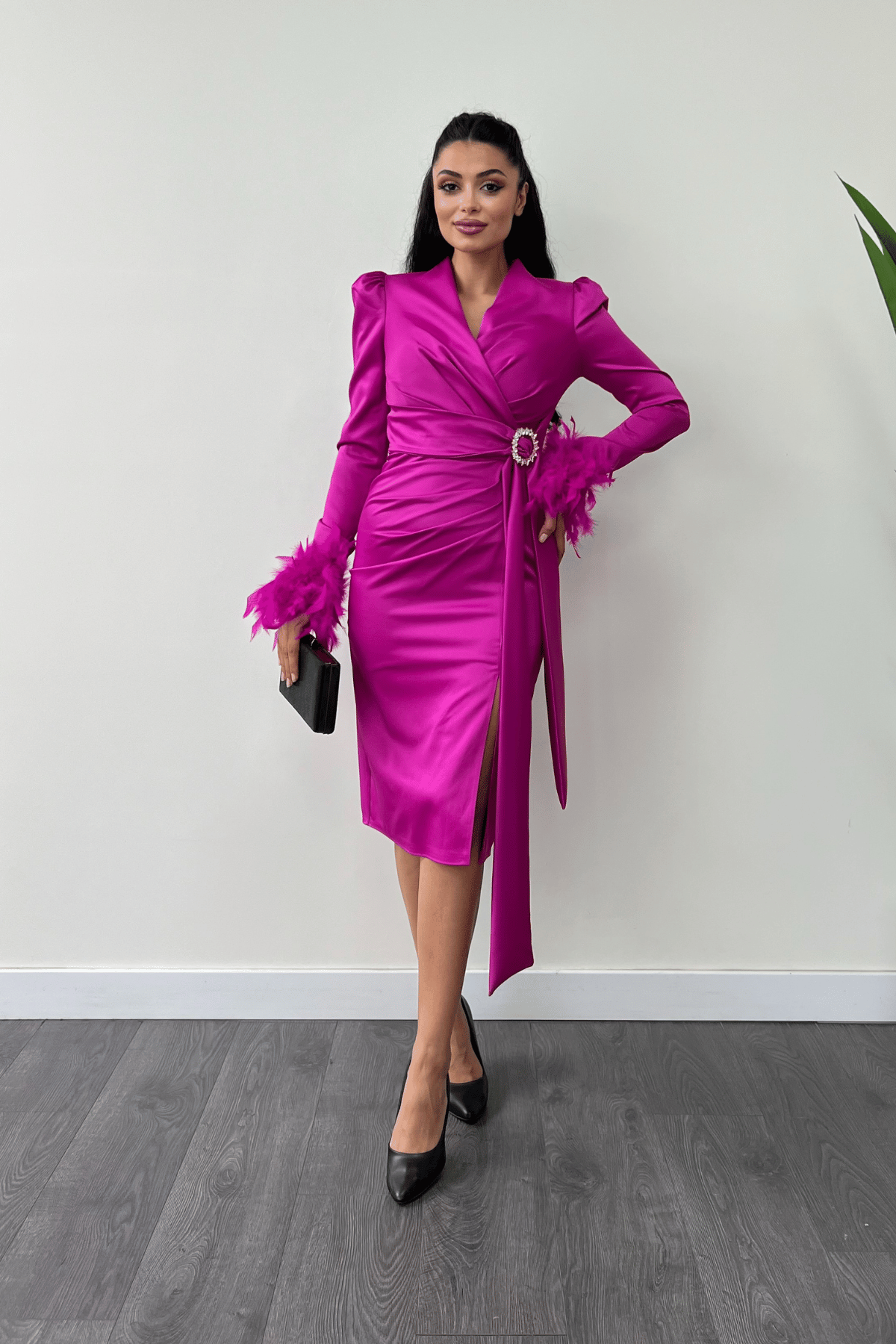 Saten Kumaş Otriş Detaylı Kalem Elbise - FUŞYA