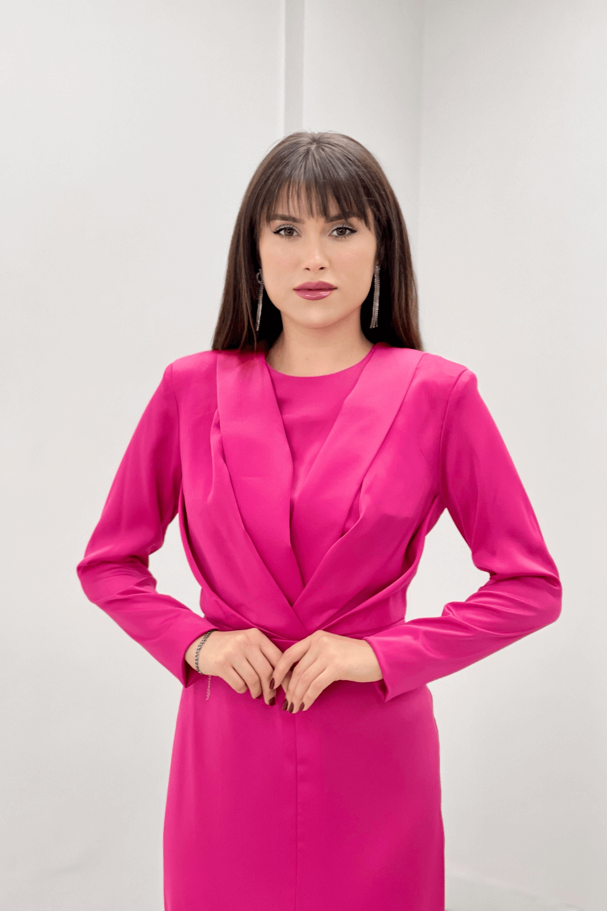 Saten Kumaş Pile Detaylı Tesettür Abiye Elbise - FUŞYA