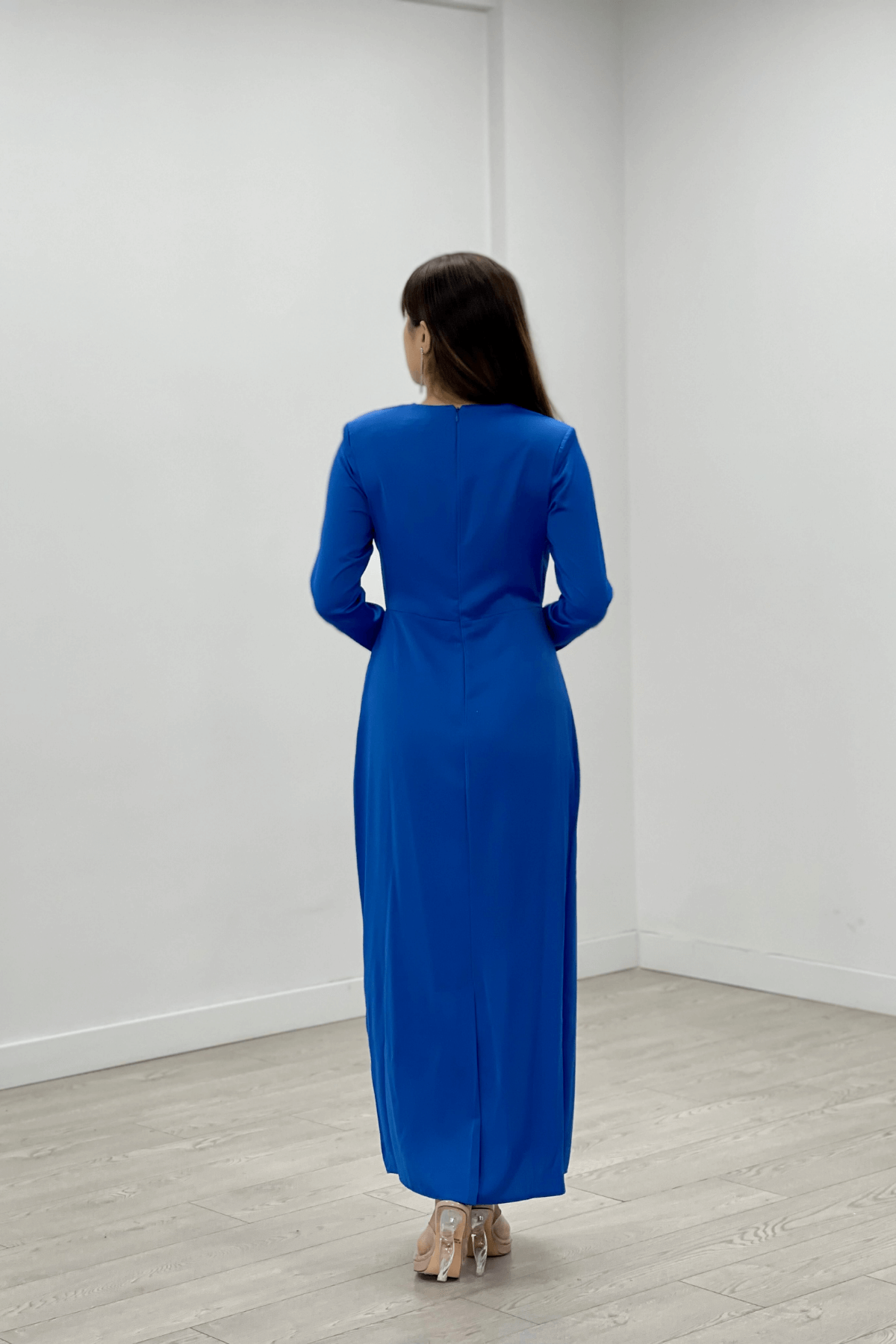 Saten Kumaş Pile Detaylı Tesettür Abiye Elbise - SAKS MAVİ