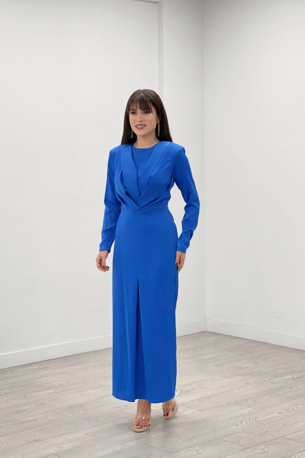 Saten Kumaş Pile Detaylı Tesettür Abiye Elbise - SAKS MAVİ