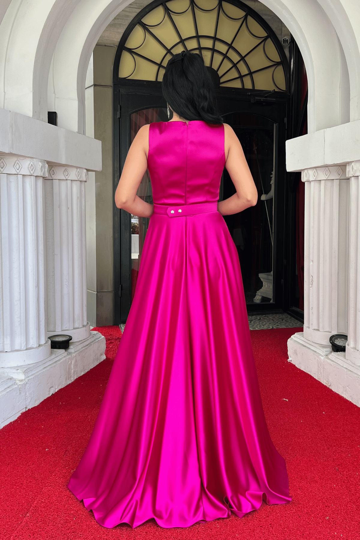 Saten Kumaş Sıfır Kol Abiye Elbise - FUŞYA