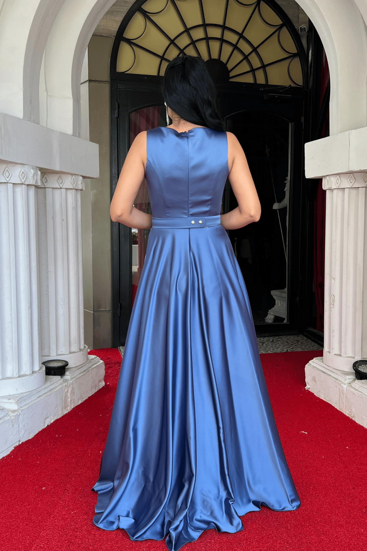 Saten Kumaş Sıfır Kol Abiye Elbise - İNDİGO MAVİ