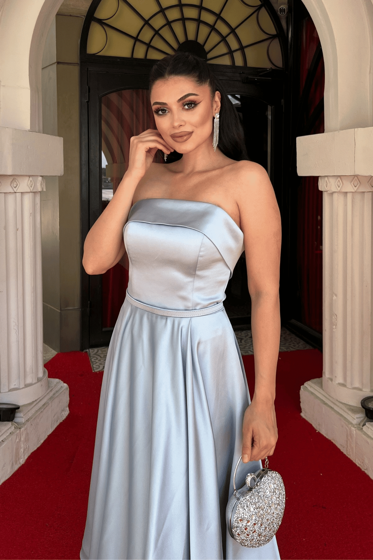 Saten Kumaş Sırt İp Detaylı Midi Elbise - BEBE MAVİSİ