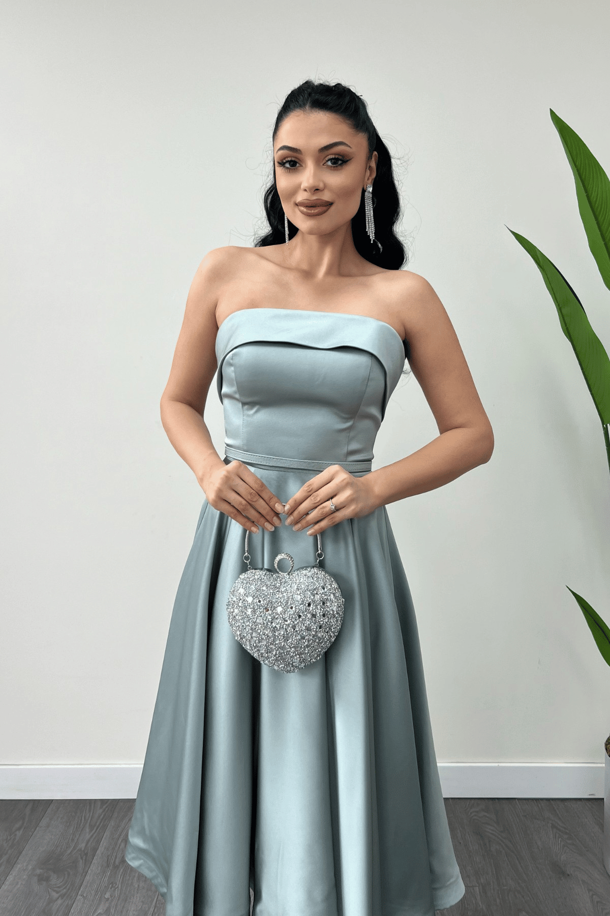 Saten Kumaş Sırt İp Detaylı Midi Elbise - MİNT YEŞİLİ